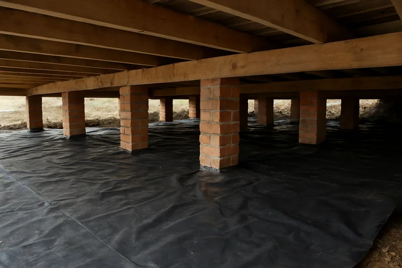 A black plastic sheet laid flat over the soil under a timber floor with brick piers rising through it — ground membrane under the house, Albury-Wodonga. Illustrative example.