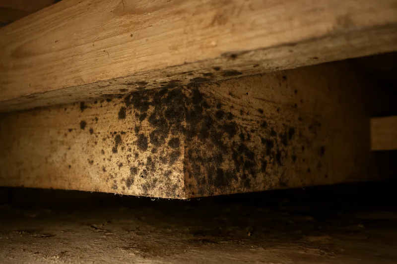 Dark mould bloom spotting the underside of a pale timber joist in torchlight — mould and damp from the subfloor, Albury-Wodonga. Illustrative example.