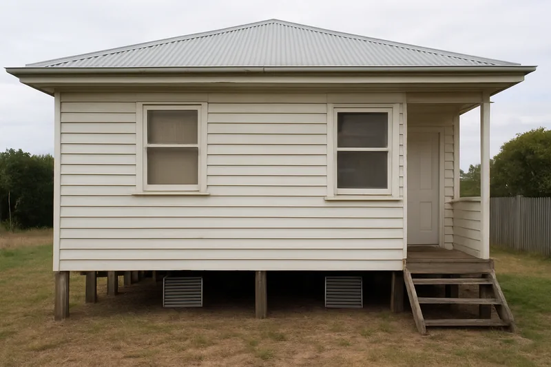 A weatherboard house raised on timber stumps with metal vent grilles at the base of the wall — which subfloor rules apply, Albury-Wodonga. Illustrative example.