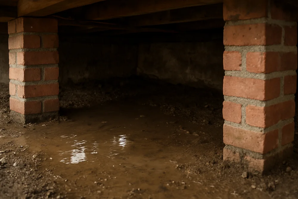 A shallow film of standing water on the earth between two brick piers under a floor — damp ground under the house, Albury-Wodonga. Illustrative example.