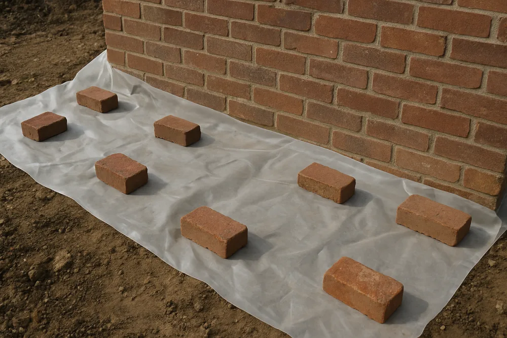 The edge of a plastic sheet lapped up a brick pier and weighted with loose bricks — ground membrane under the house, Albury-Wodonga. Illustrative example.