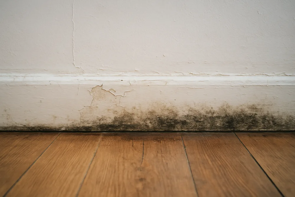 A skirting board with lifting paint and a darkened lower edge in an empty room beside a timber floor — mould and damp from the subfloor, Albury-Wodonga. Illustrative example.