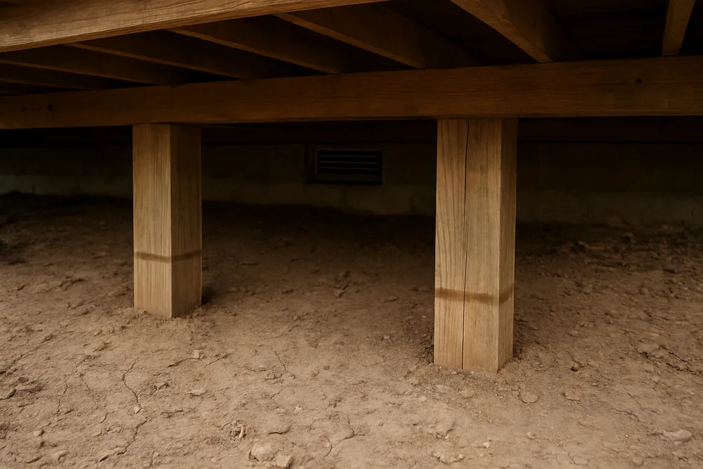 Timber stumps on bare earth with a faint horizontal watermark line on their lower part — subfloor ventilation, Albury-Wodonga. Illustrative example.