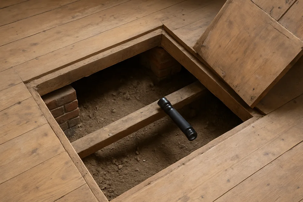 An open timber access hatch in a floor looking down onto dry earth, brick piers and a torch on a bearer — subfloor ventilation, Albury-Wodonga. Illustrative example.