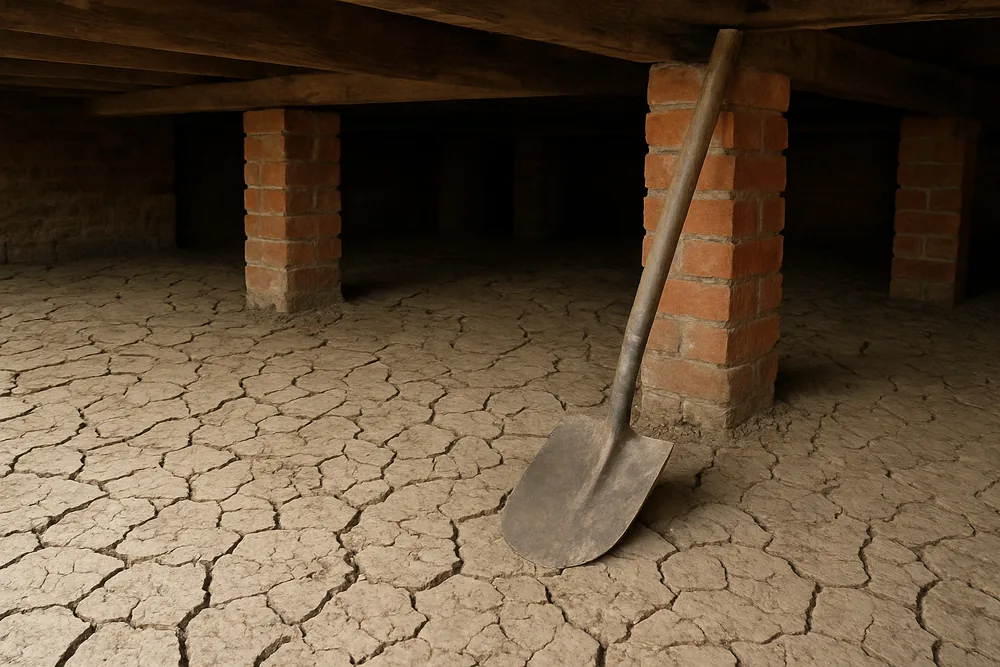A thin pale silt layer dried and cracked on the earth between brick piers beneath a floor with a shovel leaning on a pier — subfloor ventilation, Albury-Wodonga. Illustrative example.
