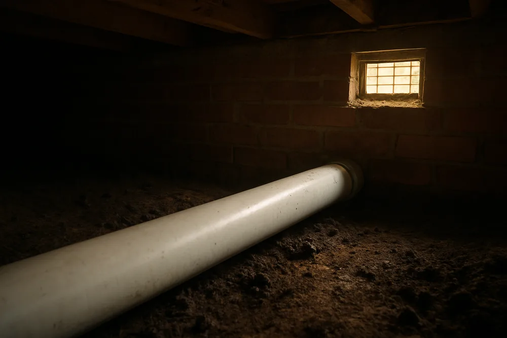 A plastic pipe running along a brick footing inside a subfloor space with damp earth darkening beside it — subfloor ventilation, Albury-Wodonga. Illustrative example.