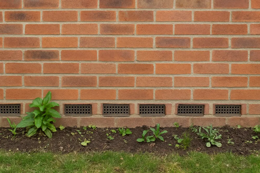 A row of evenly spaced air bricks along the base of a brick wall, one with a garden bed pressed against it — subfloor vents and clearance, Albury-Wodonga. Illustrative example.