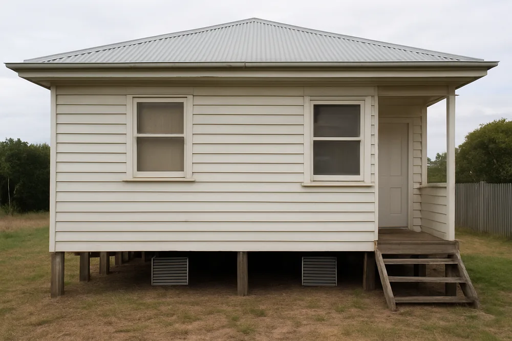 A weatherboard house raised on timber stumps with metal vent grilles at the base of the wall — which subfloor rules apply, Albury-Wodonga. Illustrative example.